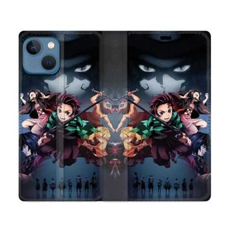 Housse Cuir Portefeuille Pour Iphone 14 (6.1) Manga Demon Slayer Noir