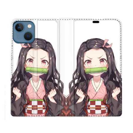 Housse Cuir Portefeuille Pour Iphone 14 (6.1) Manga Demon Slayer Nezuko