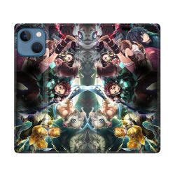 Housse Cuir Portefeuille Pour Iphone 14 (6.1) Manga Demon Slayer Groupe