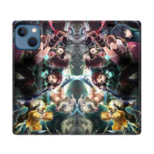 Housse Cuir Portefeuille Pour Iphone 14 (6.1) Manga Demon Slayer Groupe