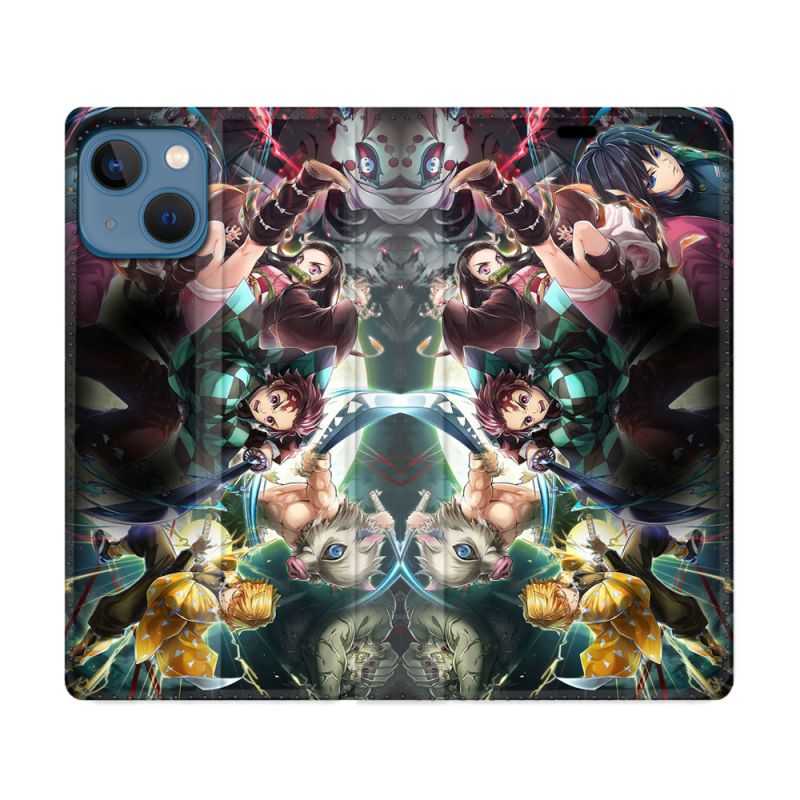 Housse Cuir Portefeuille Pour Iphone 14 (6.1) Manga Demon Slayer Groupe