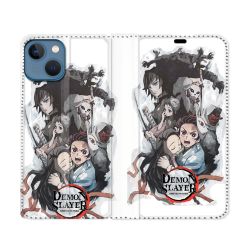 Housse Cuir Portefeuille Pour Iphone 14 (6.1) Manga Demon Slayer Blanc
