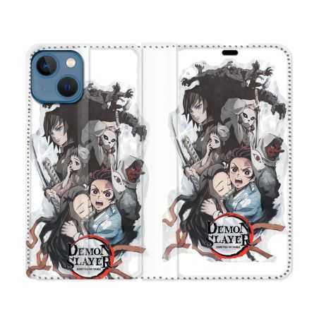 Housse Cuir Portefeuille Pour Iphone 14 (6.1) Manga Demon Slayer Blanc