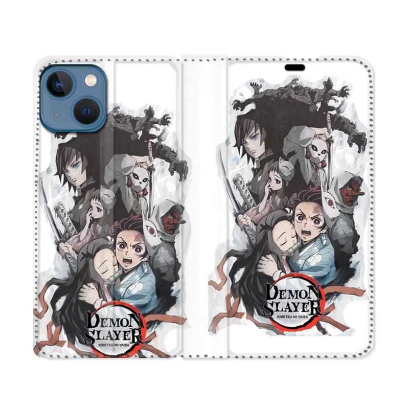 Housse Cuir Portefeuille Pour Iphone 14 (6.1) Manga Demon Slayer Blanc