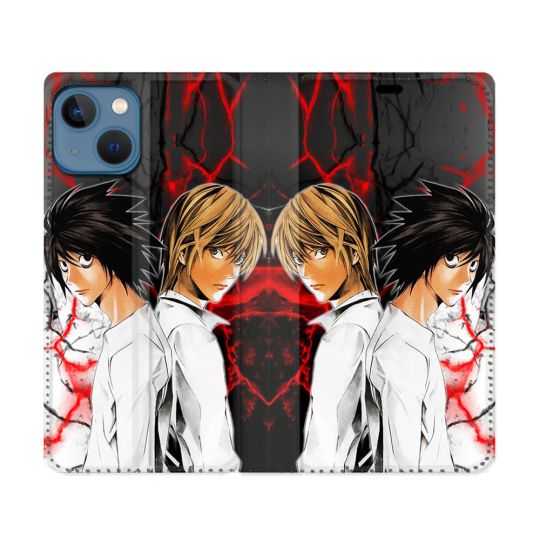 Housse Cuir Portefeuille Pour Iphone 14 (6.1) Manga Death Note Duo