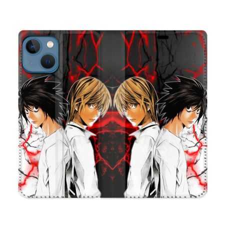Housse Cuir Portefeuille Pour Iphone 14 (6.1) Manga Death Note Duo