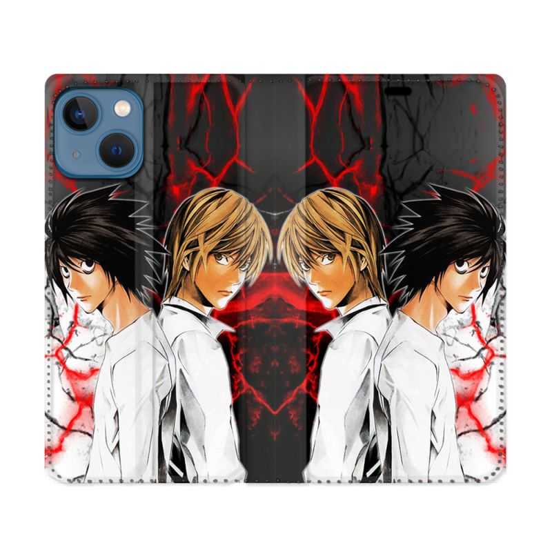 Housse Cuir Portefeuille Pour Iphone 14 (6.1) Manga Death Note Duo