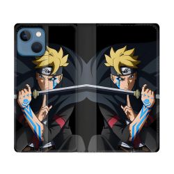 Housse Cuir Portefeuille Pour Iphone 14 (6.1) Manga Boruto Tatouage