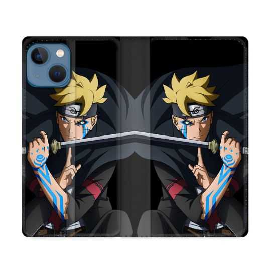 Housse Cuir Portefeuille Pour Iphone 14 (6.1) Manga Boruto Tatouage