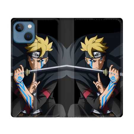Housse Cuir Portefeuille Pour Iphone 14 (6.1) Manga Boruto Tatouage