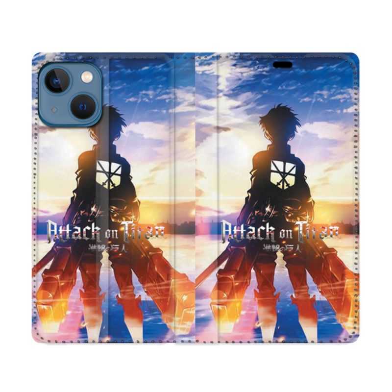 Housse Cuir Portefeuille Pour Iphone 14 (6.1) Manga Attaque Titans Soleil