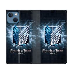 Housse Cuir Portefeuille Pour Iphone 14 (6.1) Manga Attaque Titans Noir