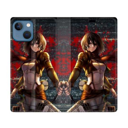 Housse Cuir Portefeuille Pour Iphone 14 (6.1) Manga Attaque Titans Mikasa