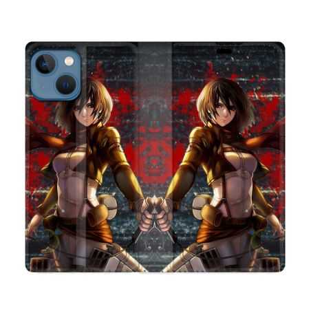Housse Cuir Portefeuille Pour Iphone 14 (6.1) Manga Attaque Titans Mikasa
