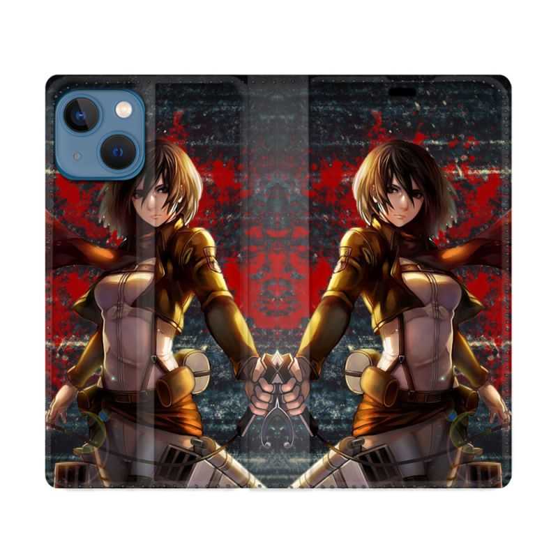 Housse Cuir Portefeuille Pour Iphone 14 (6.1) Manga Attaque Titans Mikasa