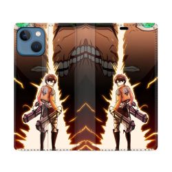 Housse Cuir Portefeuille Pour Iphone 14 (6.1) Manga Attaque Titans Eren Eclair