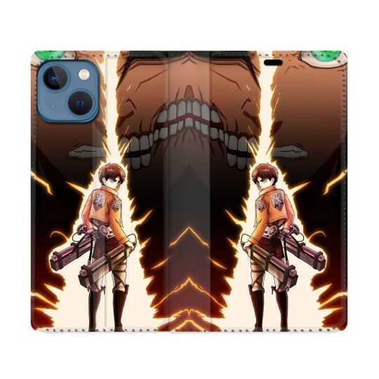 Housse Cuir Portefeuille Pour Iphone 14 (6.1) Manga Attaque Titans Eren Eclair