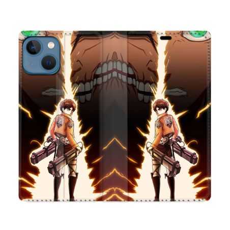 Housse Cuir Portefeuille Pour Iphone 14 (6.1) Manga Attaque Titans Eren Eclair