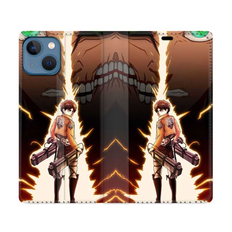 Housse Cuir Portefeuille Pour Iphone 14 (6.1) Manga Attaque Titans Eren Eclair