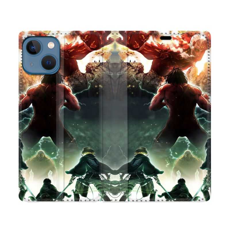 Housse Cuir Portefeuille Pour Iphone 14 (6.1) Manga Attaque Titans Combat