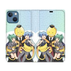 Housse Cuir Portefeuille Pour Iphone 14 (6.1) Manga Assassination Classroom Kuro Trio