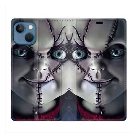 Housse Cuir Portefeuille Pour Iphone 14 (6.1) Horreur Chucky Cicatrice