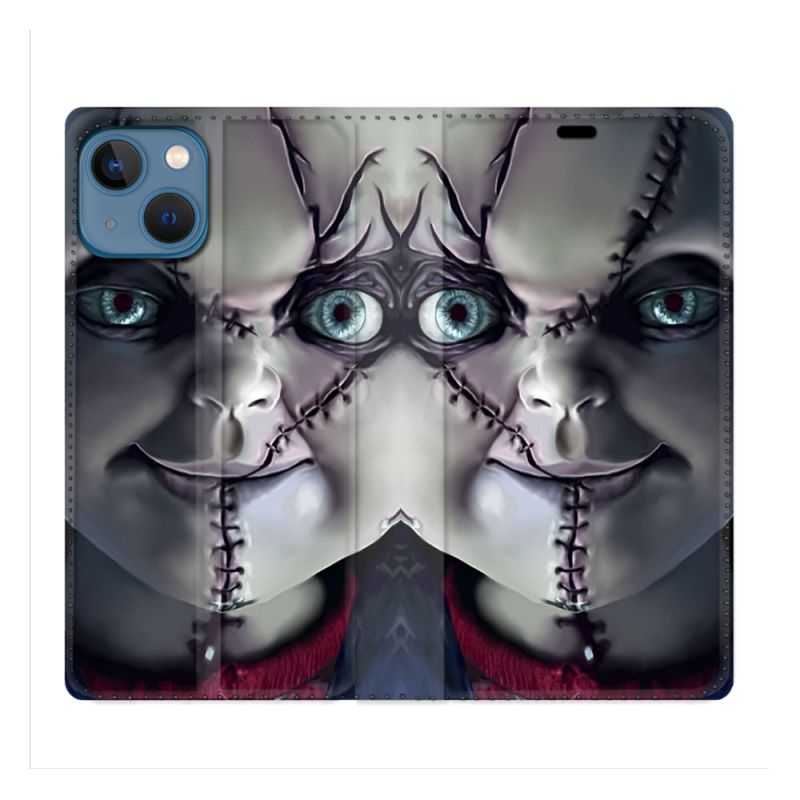 Housse Cuir Portefeuille Pour Iphone 14 (6.1) Horreur Chucky Cicatrice