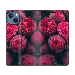 Housse Cuir Portefeuille Pour Iphone 14 (6.1) Fleur Pivoine