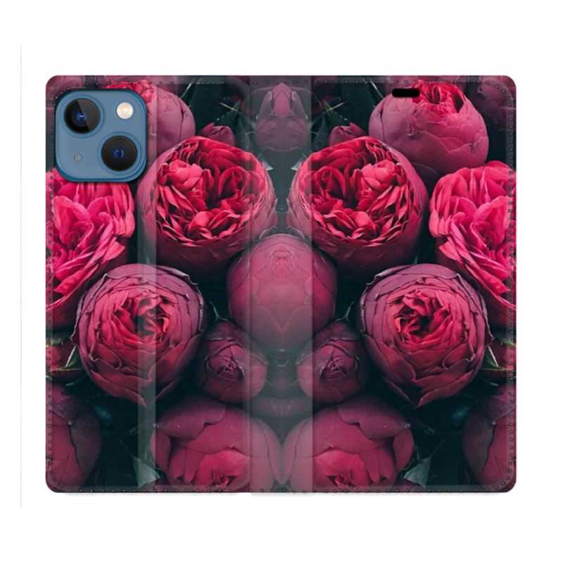Housse Cuir Portefeuille Pour Iphone 14 (6.1) Fleur Pivoine