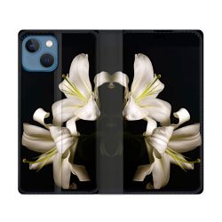 Housse Cuir Portefeuille Pour Iphone 14 (6.1) Fleur Lys Noir