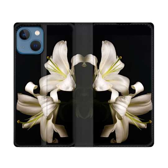 Housse Cuir Portefeuille Pour Iphone 14 (6.1) Fleur Lys Noir