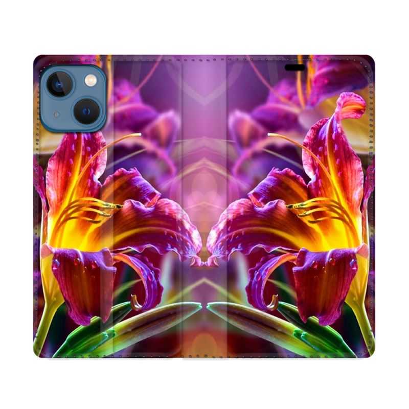 Housse Cuir Portefeuille Pour Iphone 14 (6.1) Fleur Lys Color