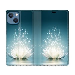 Housse Cuir Portefeuille Pour Iphone 14 (6.1) Fleur Lotus Blanc