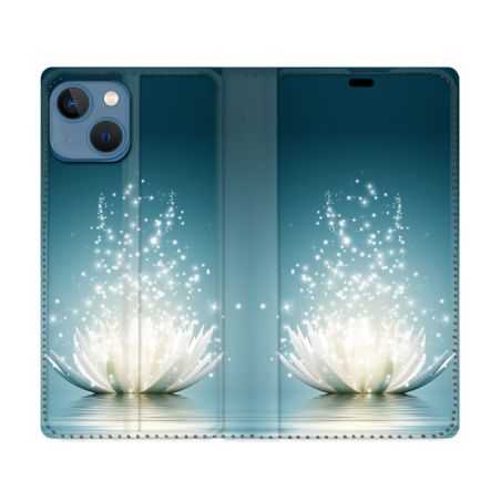 Housse Cuir Portefeuille Pour Iphone 14 (6.1) Fleur Lotus Blanc