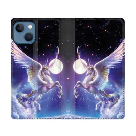 Housse Cuir Portefeuille Pour Iphone 14 (6.1) Fantastique Licorne Céleste