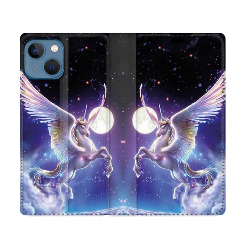 Housse Cuir Portefeuille Pour Iphone 14 (6.1) Fantastique Licorne Céleste