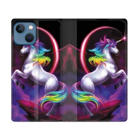 Housse Cuir Portefeuille Pour Iphone 14 (6.1) Fantastique Licorne Arc en ciel