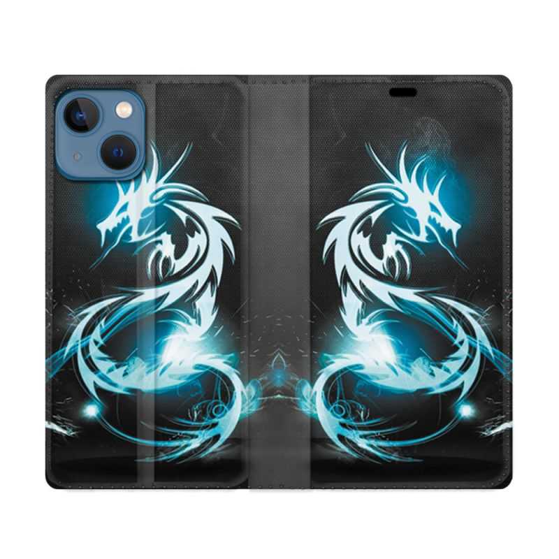 Housse Cuir Portefeuille Pour Iphone 14 (6.1) Fantastique Dragon Bleu