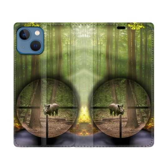 Housse Cuir Portefeuille Pour Iphone 14 (6.1) Chasse Sanglier Viseur