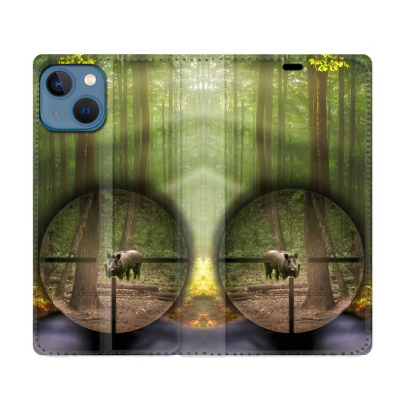 Housse Cuir Portefeuille Pour Iphone 14 (6.1) Chasse Sanglier Viseur
