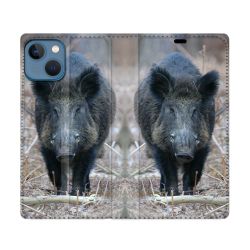 Housse Cuir Portefeuille Pour Iphone 14 (6.1) Chasse Sanglier Pin