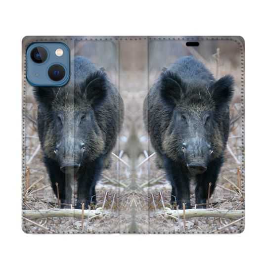 Housse Cuir Portefeuille Pour Iphone 14 (6.1) Chasse Sanglier Pin