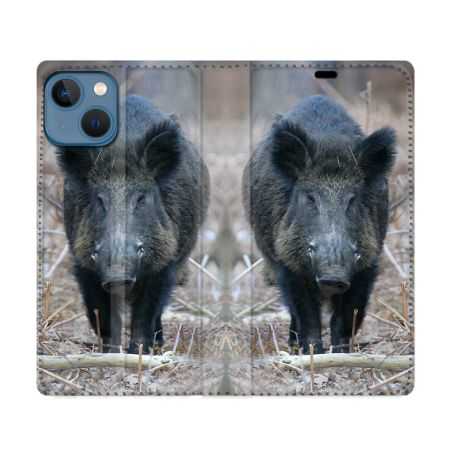 Housse Cuir Portefeuille Pour Iphone 14 (6.1) Chasse Sanglier Pin