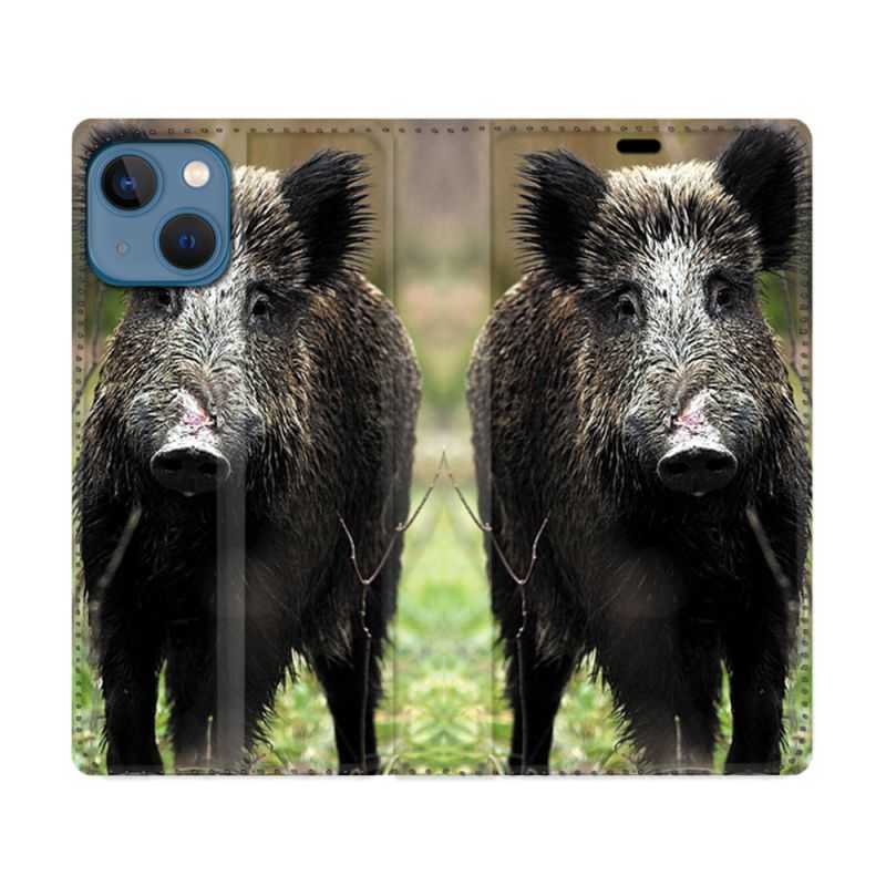 Housse Cuir Portefeuille Pour Iphone 14 (6.1) Chasse Sanglier bois