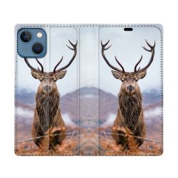 Housse Cuir Portefeuille Pour Iphone 14 (6.1) Chasse Chevreuil Montagne