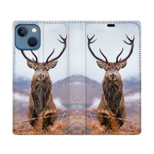Housse Cuir Portefeuille Pour Iphone 14 (6.1) Chasse Chevreuil Montagne
