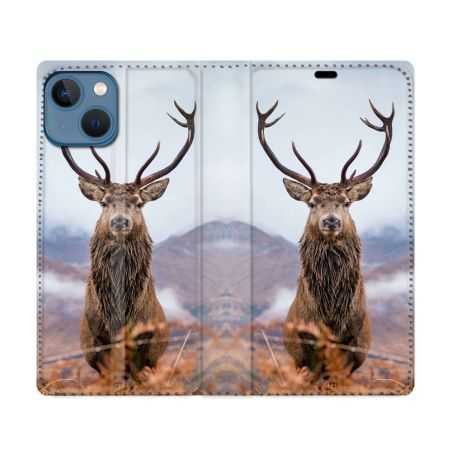 Housse Cuir Portefeuille Pour Iphone 14 (6.1) Chasse Chevreuil Montagne