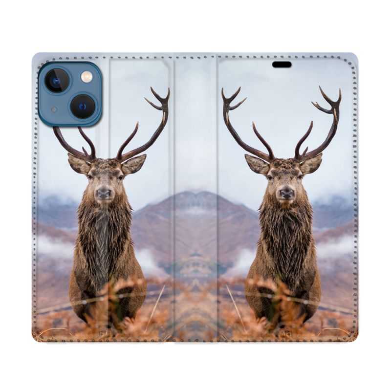 Housse Cuir Portefeuille Pour Iphone 14 (6.1) Chasse Chevreuil Montagne
