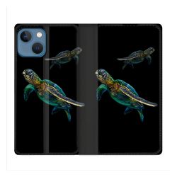 Housse Cuir Portefeuille Pour Iphone 14 (6.1) Animal Tortue Noire multicolore