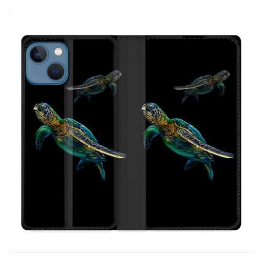 Housse Cuir Portefeuille Pour Iphone 14 (6.1) Animal Tortue Noire multicolore